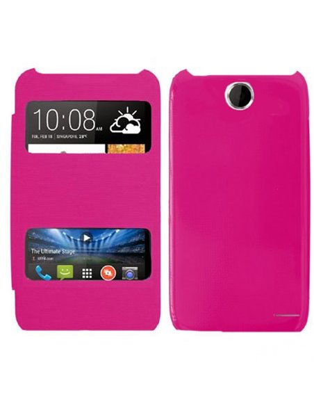 CUSTODIA FLIP COVER ORIZZONTALE per HTC DESIRE 310 CON DOPPIA FINESTRA IDENTIFICATIVO CHIAMANTE ROSA (NO RIMOZIONE COVER)