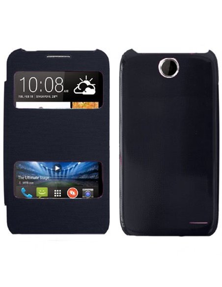 CUSTODIA FLIP COVER ORIZZONTALE per HTC DESIRE 310 CON DOPPIA FINESTRA IDENTIFICATIVO CHIAMANTE BLU (NO RIMOZIONE COVER)