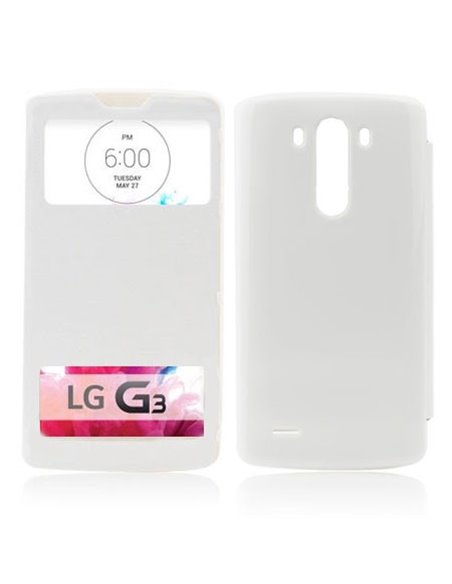 CUSTODIA FLIP ORIZZONTALE ULTRA SLIM per LG G3 D850, D855, LS990 CON DOPPIA FINESTRA IDENTIFICATIVO CHIAMANTE COLORE BIANCO