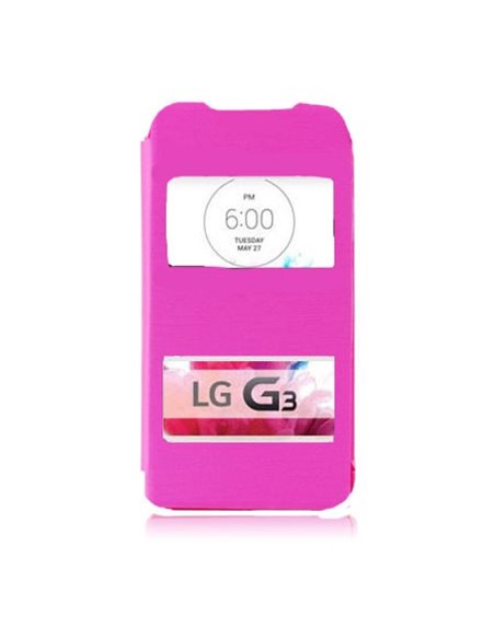 CUSTODIA FLIP ORIZZONTALE ULTRA SLIM per LG G3 D850, D855, LS990 CON DOPPIA FINESTRA IDENTIFICATIVO CHIAMANTE COLORE ROSA