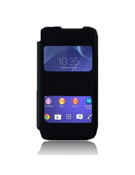 CUSTODIA FLIP COVER ORIZZONTALE per SONY XPERIA M2 CON DOPPIA FINESTRA IDENTIFICATIVO CHIAMANTE NERO (NO RIMOZIONE COVER)