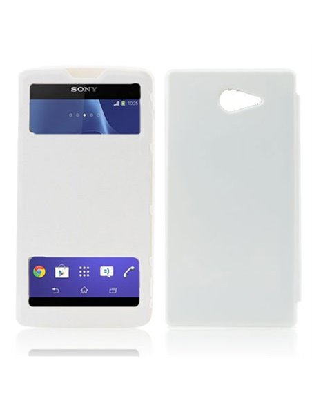 CUSTODIA FLIP COVER ORIZZONTALE per SONY XPERIA M2 CON DOPPIA FINESTRA IDENTIFICATIVO CHIAMANTE BIANCO (NO RIMOZIONE COVER)