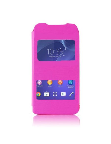 CUSTODIA FLIP COVER ORIZZONTALE per SONY XPERIA M2 CON DOPPIA FINESTRA IDENTIFICATIVO CHIAMANTE ROSA (NO RIMOZIONE COVER)