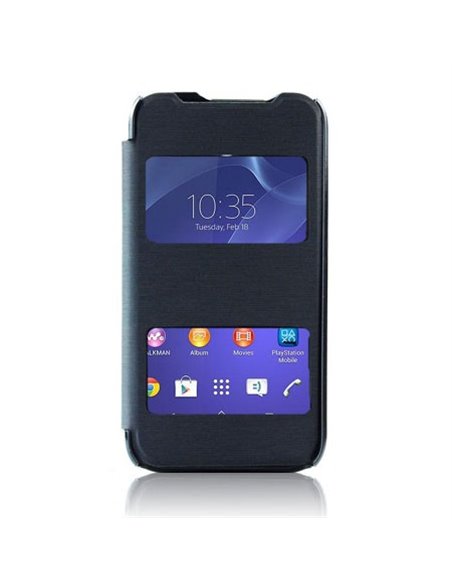 CUSTODIA FLIP COVER ORIZZONTALE per SONY XPERIA M2 CON DOPPIA FINESTRA IDENTIFICATIVO CHIAMANTE BLU (NO RIMOZIONE COVER)