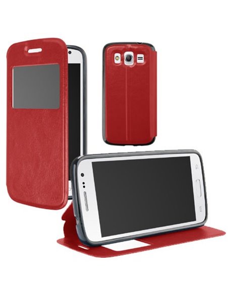 CUSTODIA FLIP ORIZZONTALE PELLE per SAMSUNG G386 GALAXY CORE LTE, G3518 CON FINESTRA ID E INTERNO IN TPU ROSSO