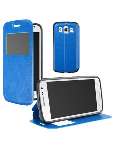 CUSTODIA FLIP ORIZZONTALE PELLE per SAMSUNG G386 GALAXY CORE LTE, G3518 CON FINESTRA ID E INTERNO IN TPU BLU