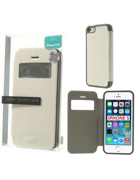 CUSTODIA FLIP ORIZZONTALE per APPLE IPHONE 5, 5S CON FINESTRA ID E INTERNO IN TPU COLORE BIANCO WOW! MERCURY BLISTER