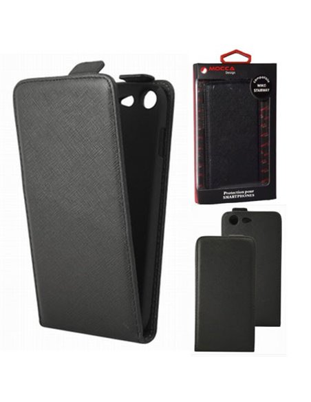 CUSTODIA FLIP VERTICALE SLIM PELLE per WIKO STAIRWAY COLORE NERO ALTA QUALITA' MOCCA BLISTER