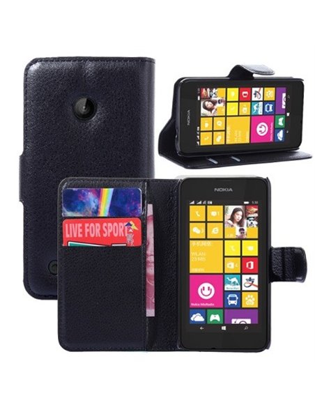 CUSTODIA FLIP ORIZZONTALE PELLE per NOKIA LUMIA 530 CON STAND E TASCHE PORTA CARTE COLORE NERO