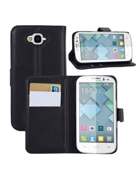 CUSTODIA FLIP ORIZZONTALE PELLE per ALCATEL ONE TOUCH POP C7, ONE TOUCH POP C7 DUAL SIM CON STAND E TASCHE PORTA CARTE NERO