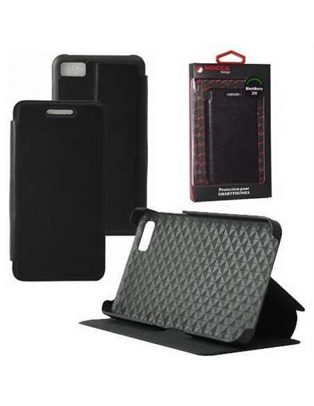 CUSTODIA FLIP ORIZZONTALE PELLE per BLACKBERRY Z10 CON STAND COLORE NERO ALTA QUALITA' MOCCA BLISTER