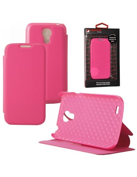 CUSTODIA FLIP ORIZZONTALE PELLE per SAMSUNG I9190 GALAXY S4 MINI, I9195 CON STAND COLORE ROSA ALTA QUALITA' MOCCA BLISTER