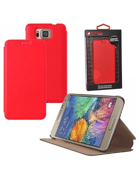 CUSTODIA FLIP ORIZZONTALE PELLE per SAMSUNG G850 GALAXY ALPHA CON STAND COLORE ROSSO ALTA QUALITA' MOCCA BLISTER