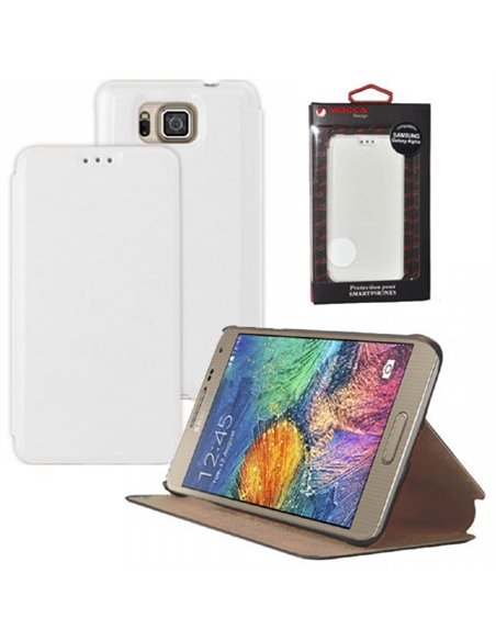 CUSTODIA FLIP ORIZZONTALE PELLE per SAMSUNG G850 GALAXY ALPHA CON STAND COLORE BIANCO ALTA QUALITA' MOCCA BLISTER