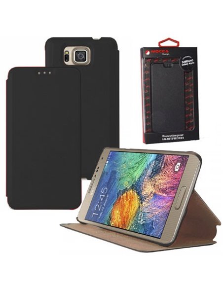 CUSTODIA FLIP ORIZZONTALE PELLE per SAMSUNG G850 GALAXY ALPHA CON STAND COLORE NERO ALTA QUALITA' MOCCA BLISTER