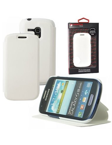 CUSTODIA FLIP ORIZZONTALE PELLE per SAMSUNG I8190 GALAXY S3 MINI, I8200 CON STAND COLORE BIANCO ALTA QUALITA' MOCCA BLISTER