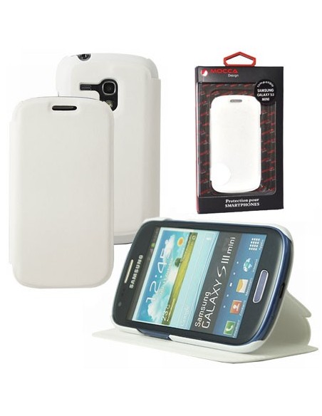 CUSTODIA FLIP ORIZZONTALE PELLE per SAMSUNG I8190 GALAXY S3 MINI, I8200 CON STAND COLORE BIANCO ALTA QUALITA' MOCCA BLISTER