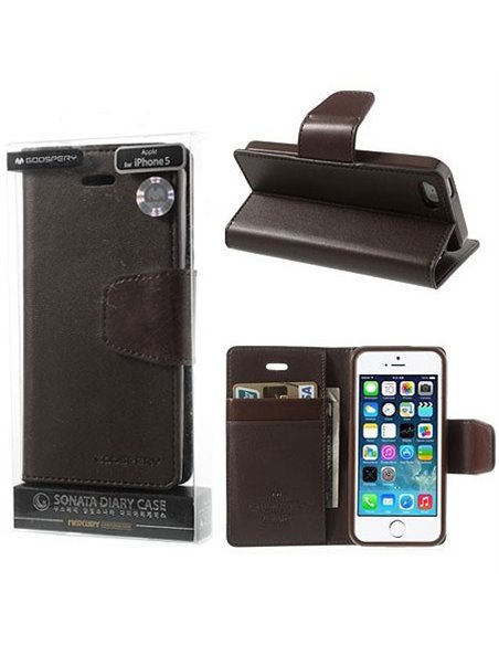 CUSTODIA FLIP ORIZZONTALE PELLE per APPLE IPHONE 5, 5S CON INTERNO IN TPU E STAND COLORE MARRONE SONATA BLISTER