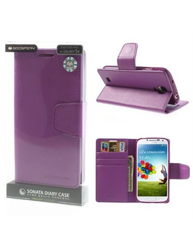CUSTODIA FLIP ORIZZONTALE PELLE per SAMSUNG I9500 GALAXY S4, I9502, I9505 CON INTERNO IN TPU E STAND COLORE VIOLA SONATA BLISTER