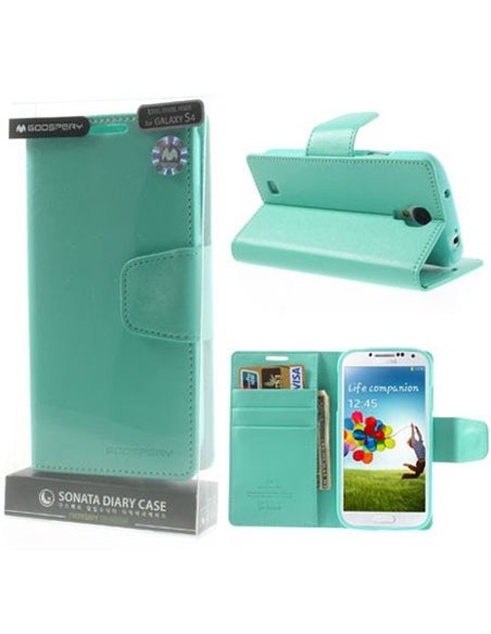 CUSTODIA FLIP ORIZZONTALE PELLE per SAMSUNG I9500 GALAXY S4, I9502, I9505 CON INTERNO IN TPU E STAND COLORE VERDE ACQUA SONATA B