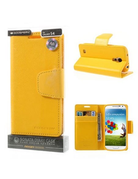 CUSTODIA FLIP ORIZZONTALE PELLE per SAMSUNG I9500 GALAXY S4, I9502, I9505 CON INTERNO IN TPU E STAND COLORE GIALLO SONATA BLISTE