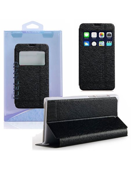CUSTODIA FLIP ORIZZONTALE per APPLE IPHONE 6 PLUS, 6S PLUS 5.5' POLLICI CON FINESTRA ID NERO ALTA QUALITA' ICELAND II KALAIDENG