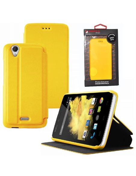 CUSTODIA FLIP ORIZZONTALE PELLE per WIKO BIRDY 4G CON STAND COLORE GIALLO ALTA QUALITA' MOCCA BLISTER