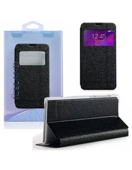 CUSTODIA FLIP ORIZZONTALE per SAMSUNG GALAXY NOTE 4 CON STAND E FINESTRA ID COLORE NERO ICELAND II BLISTER