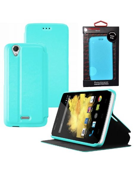 CUSTODIA FLIP ORIZZONTALE PELLE per WIKO BIRDY 4G CON STAND COLORE AZZURRO ALTA QUALITA' MOCCA BLISTER