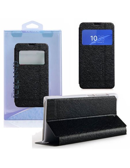 CUSTODIA FLIP ORIZZONTALE per SONY XPERIA Z3 COMPACT D5803, D5833 CON STAND E FINESTRA ID COLORE NERO ICELAND II