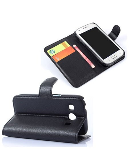 CUSTODIA FLIP ORIZZONTALE PELLE per SAMSUNG G357 GALAXY ACE 4 CON STAND, TASCHE PORTA CARTE E CHIUSURA MAGNETICA COLORE NERO