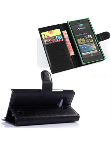 CUSTODIA FLIP ORIZZONTALE PELLE per NOKIA LUMIA 730 DUAL SIM, LUMIA 735 CON STAND E TASCHE PORTA CARTE  COLORE NERO