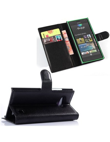 CUSTODIA FLIP ORIZZONTALE PELLE per NOKIA LUMIA 730 DUAL SIM, LUMIA 735 CON STAND E TASCHE PORTA CARTE  COLORE NERO