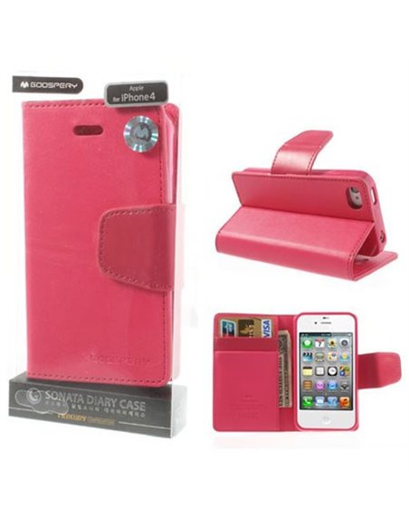 CUSTODIA FLIP ORIZZONTALE PELLE per APPLE IPHONE 4, IPHONE 4s CON INTERNO IN TPU E STAND COLORE FUCSIA SONATA BLISTER