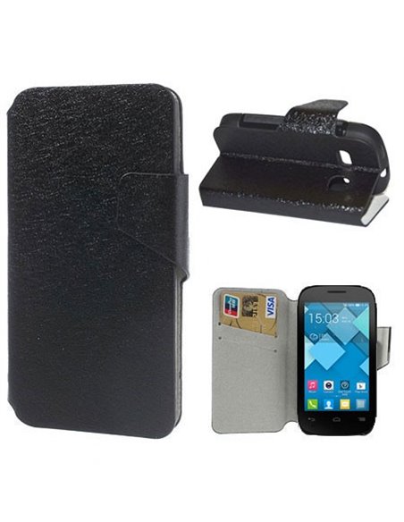 CUSTODIA FLIP ORIZZONTALE SLIM per ALCATEL ONE TOUCH POP C3, POP C2 CON STAND, INTERNO IN TPU E TASCHE PORTA CARTE COLORE NERO