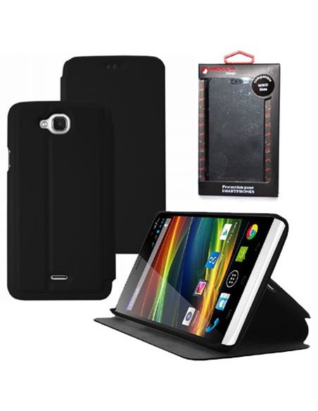 CUSTODIA FLIP ORIZZONTALE PELLE per WIKO SLIDE CON STAND COLORE NERO ALTA QUALITA' MOCCA BLISTER