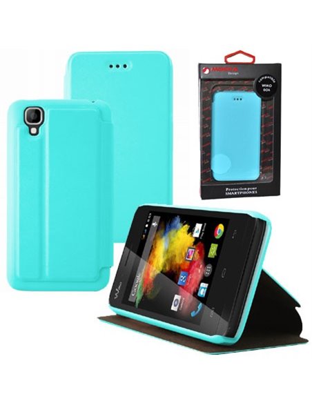 CUSTODIA FLIP ORIZZONTALE PELLE per WIKO GOA CON STAND COLORE AZZURRO ALTA QUALITA' MOCCA BLISTER