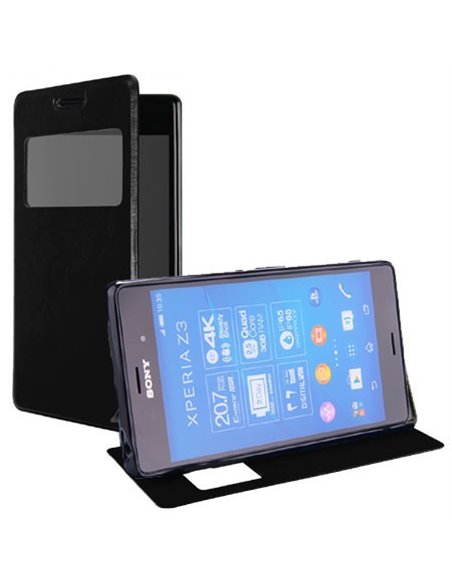 CUSTODIA FLIP ORIZZONTALE PELLE per SONY XPERIA Z3 CON FINESTRA ID ED INTERNO IN TPU SILICONE COLORE NERO