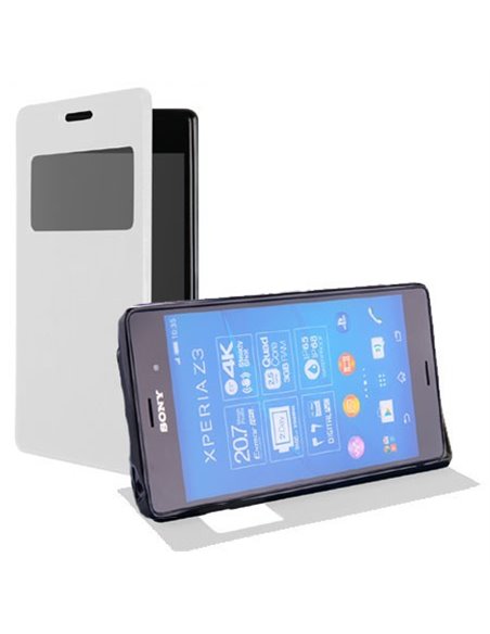 CUSTODIA FLIP ORIZZONTALE PELLE per SONY XPERIA Z3 CON FINESTRA ID ED INTERNO IN TPU SILICONE COLORE BIANCO