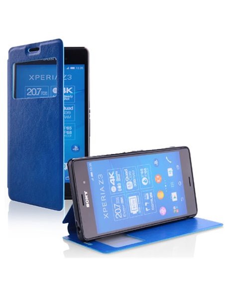 CUSTODIA FLIP ORIZZONTALE PELLE per SONY XPERIA Z3 CON FINESTRA ID ED INTERNO IN TPU SILICONE COLORE BLU