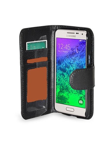 CUSTODIA FLIP ORIZZONTALE PELLE per SAMSUNG G850 GALAXY ALPHA CON TASCHE PORTA CARTE COLORE NERO