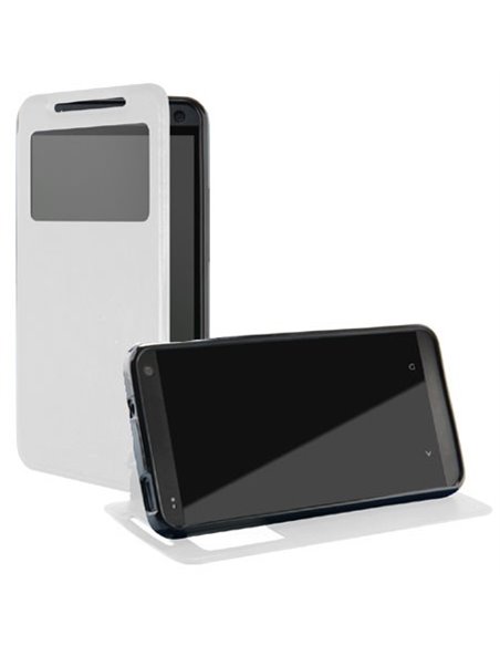 CUSTODIA FLIP ORIZZONTALE PELLE per HTC ONE, M7  CON FINESTRA ID ED INTERNO IN TPU SILICONE COLORE BIANCO