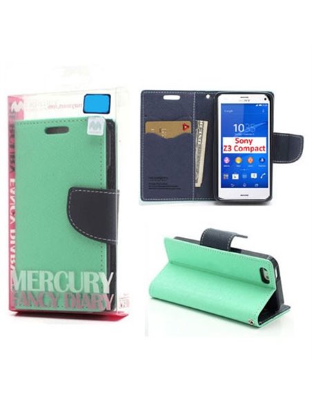 CUSTODIA FLIP ORIZZONTALE per SONY XPERIA Z3 COMPACT CON INTERNO IN TPU, STAND E PORTA CARTE VERDE ACQUA FANCY BLISTER MERCURY