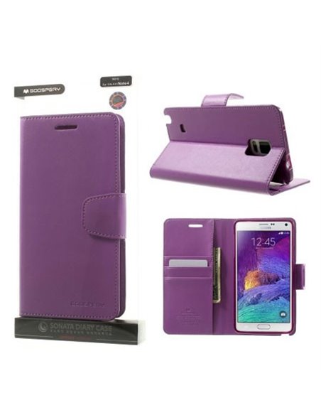 CUSTODIA FLIP ORIZZONTALE PELLE per SAMSUNG GALAXY NOTE 4 CON INTERNO IN TPU E STAND COLORE VIOLA SONATA BLISTER