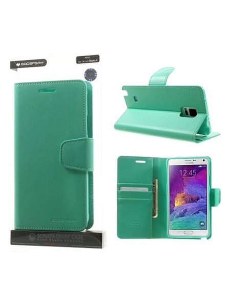 CUSTODIA FLIP ORIZZONTALE PELLE per SAMSUNG GALAXY NOTE 4 CON INTERNO IN TPU E STAND COLORE VERDE ACQUA SONATA BLISTER