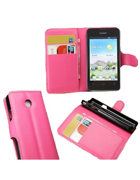 CUSTODIA FLIP ORIZZONTALE PELLE per HUAWEI ASCEND Y330 CON STAND E TASCHE PORTA CARTE COLORE ROSA