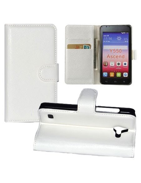 CUSTODIA FLIP ORIZZONTALE PELLE per HUAWEI ASCEND Y550 CON STAND, TASCHE PORTA CARTE E CHIUSURA MAGNETICA COLORE BIANCO