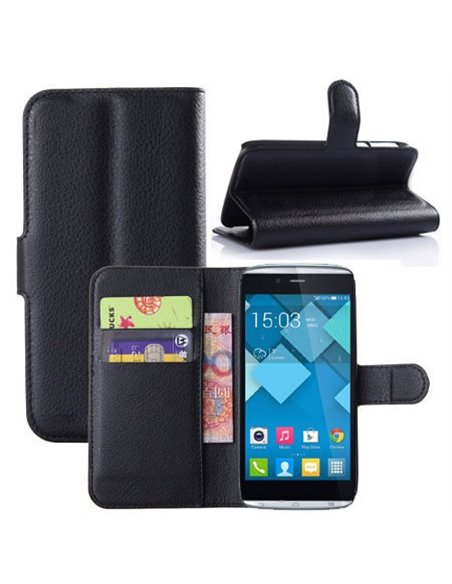 CUSTODIA FLIP ORIZZONTALE PELLE per ALCATEL ONE TOUCH IDOL ALPHA 6032, S860 CON STAND E TASCHE PORTA CARTE COLORE NERO