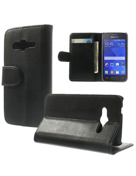 CUSTODIA FLIP ORIZZONTALE PELLE per SAMSUNG G313H GALAXY TREND 2,  G318 TREND 2 LITE CON STAND E TASCHE PORTA CARTE COLORE NERO