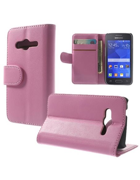 CUSTODIA FLIP ORIZZONTALE PELLE per SAMSUNG G313H GALAXY TREND 2,  G318 TREND 2 LITE CON STAND E TASCHE PORTA CARTE COLORE ROSA